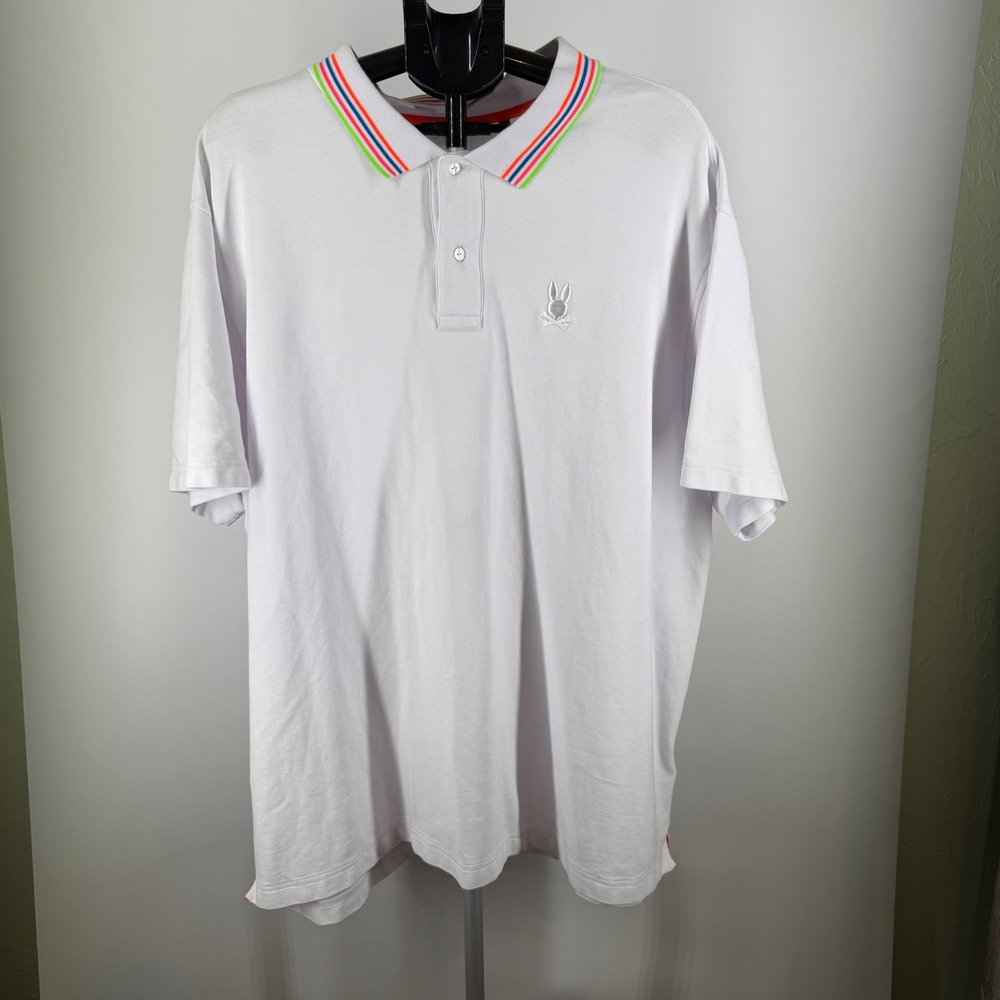 Psycho Bunny Mens White Pima Cotton Polo Shirt Neon Striped Collar Size‎ 3XL